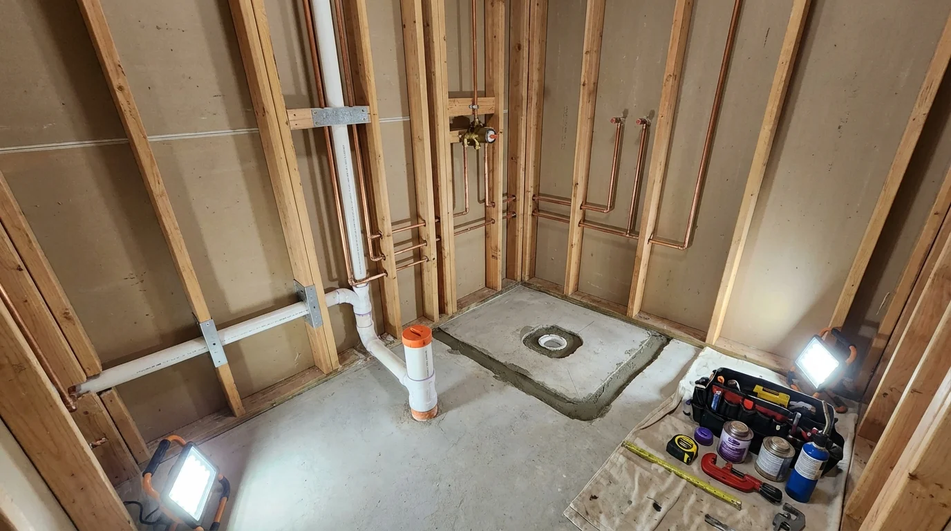 Bathroom rough-in plumbing during remodel by Johns Plumbing LLC in Hewitt