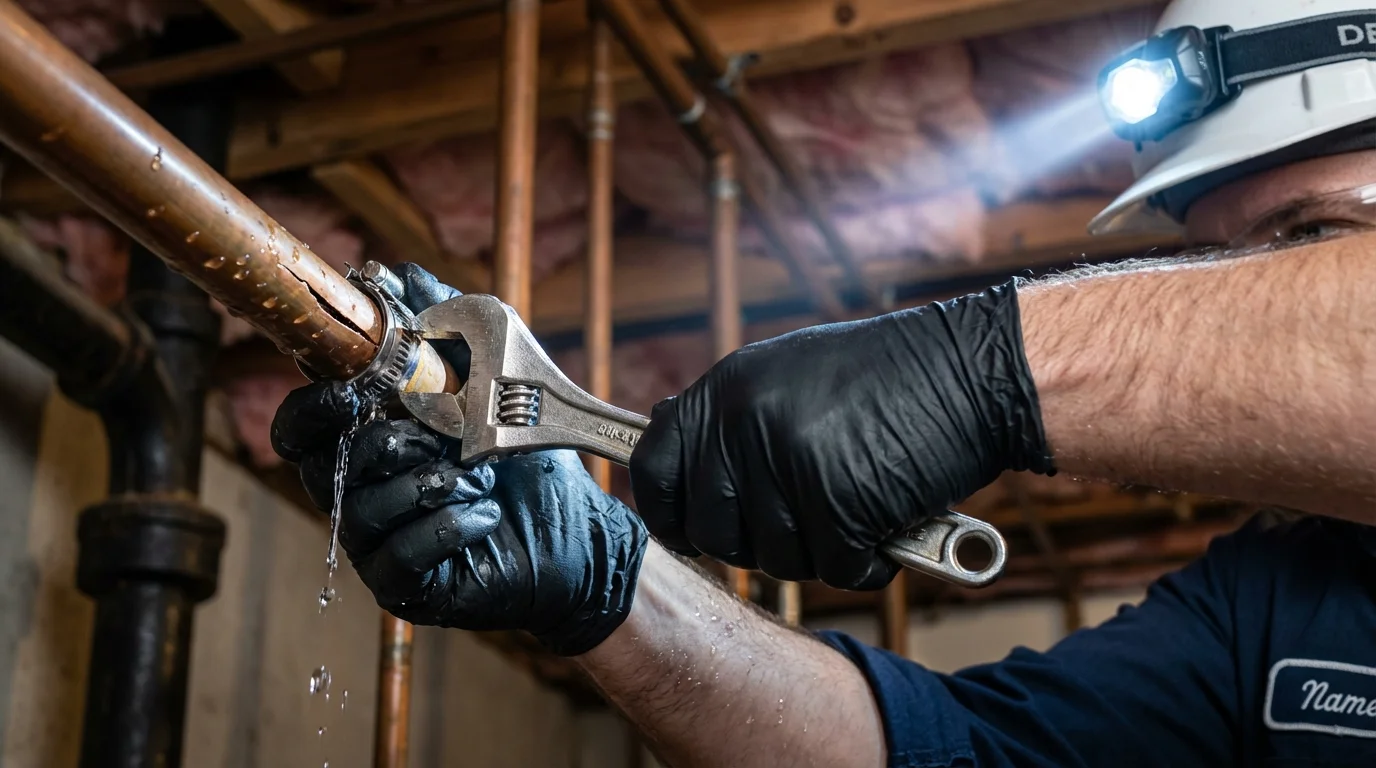 Emergency pipe clamp repair being performed by a Johns Plumbing LLC plumber in Hewitt