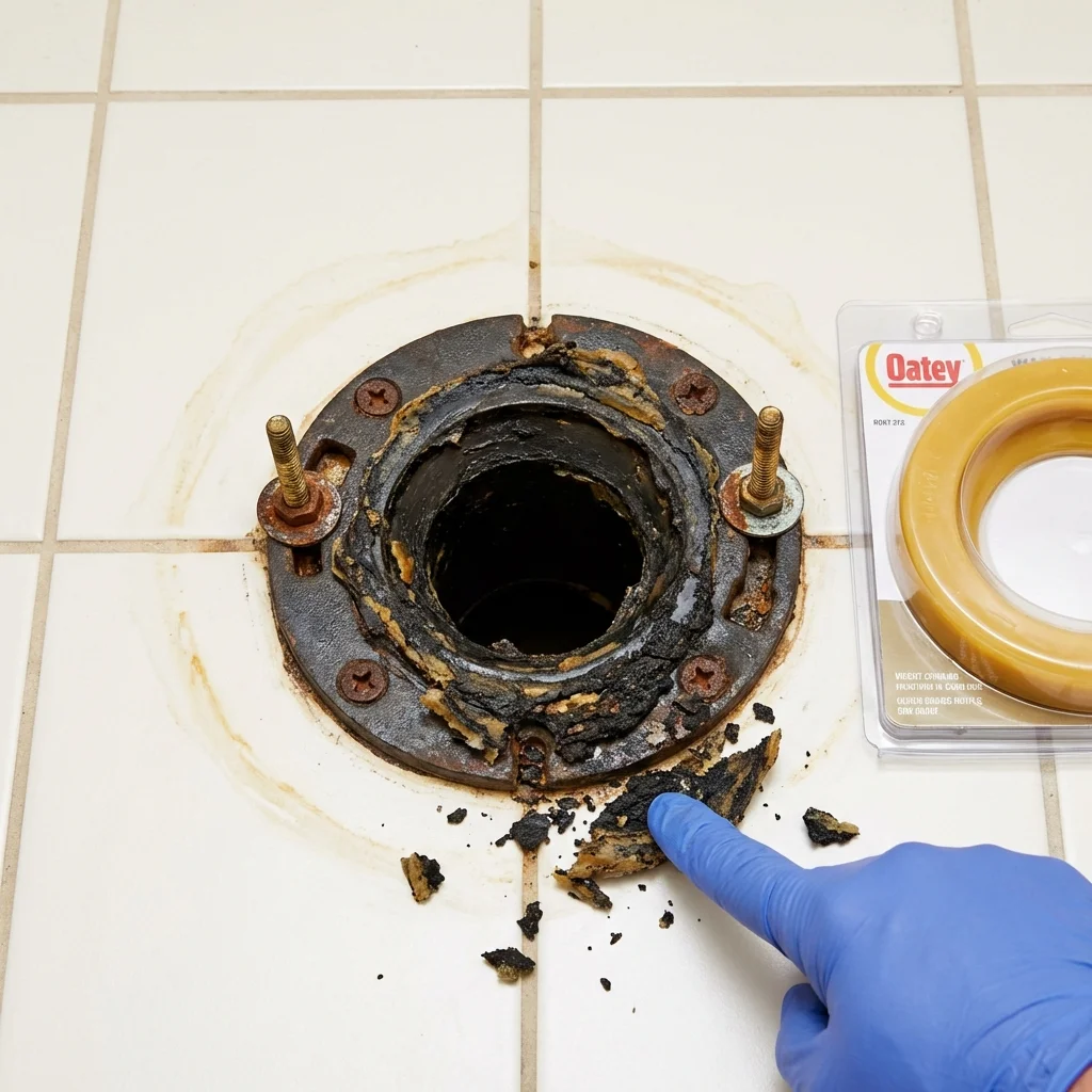 Failed wax ring showing water seepage at the base of a toilet in a Hewitt, TX home