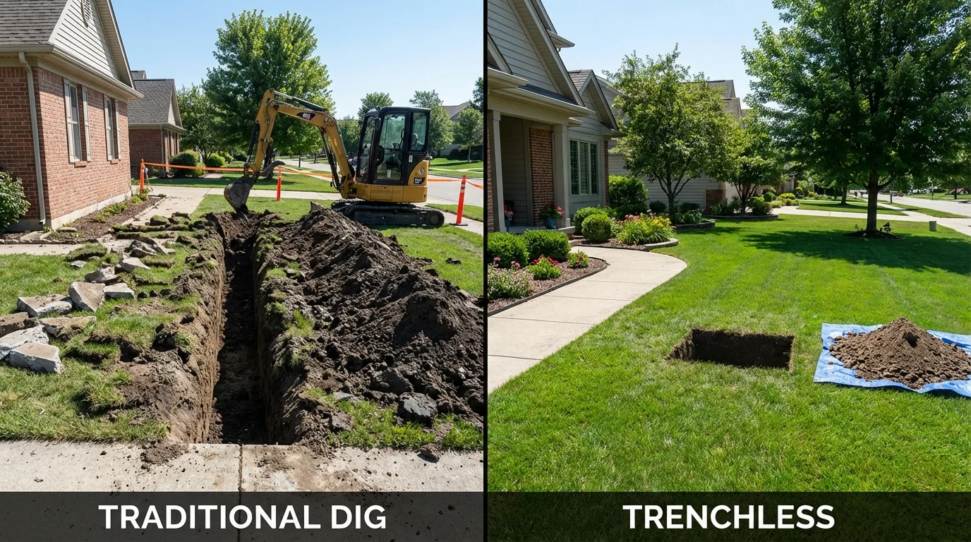 Trenchless sewer repair with minimal yard damage versus traditional excavation in Hewitt, TX