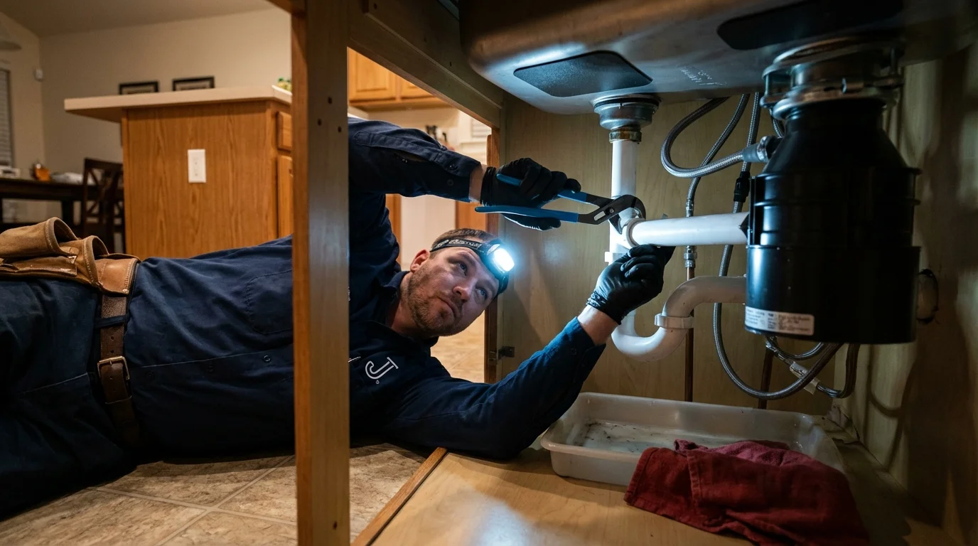 P-trap and supply line connections under a kitchen sink showing a common leak point in Hewitt, TX
