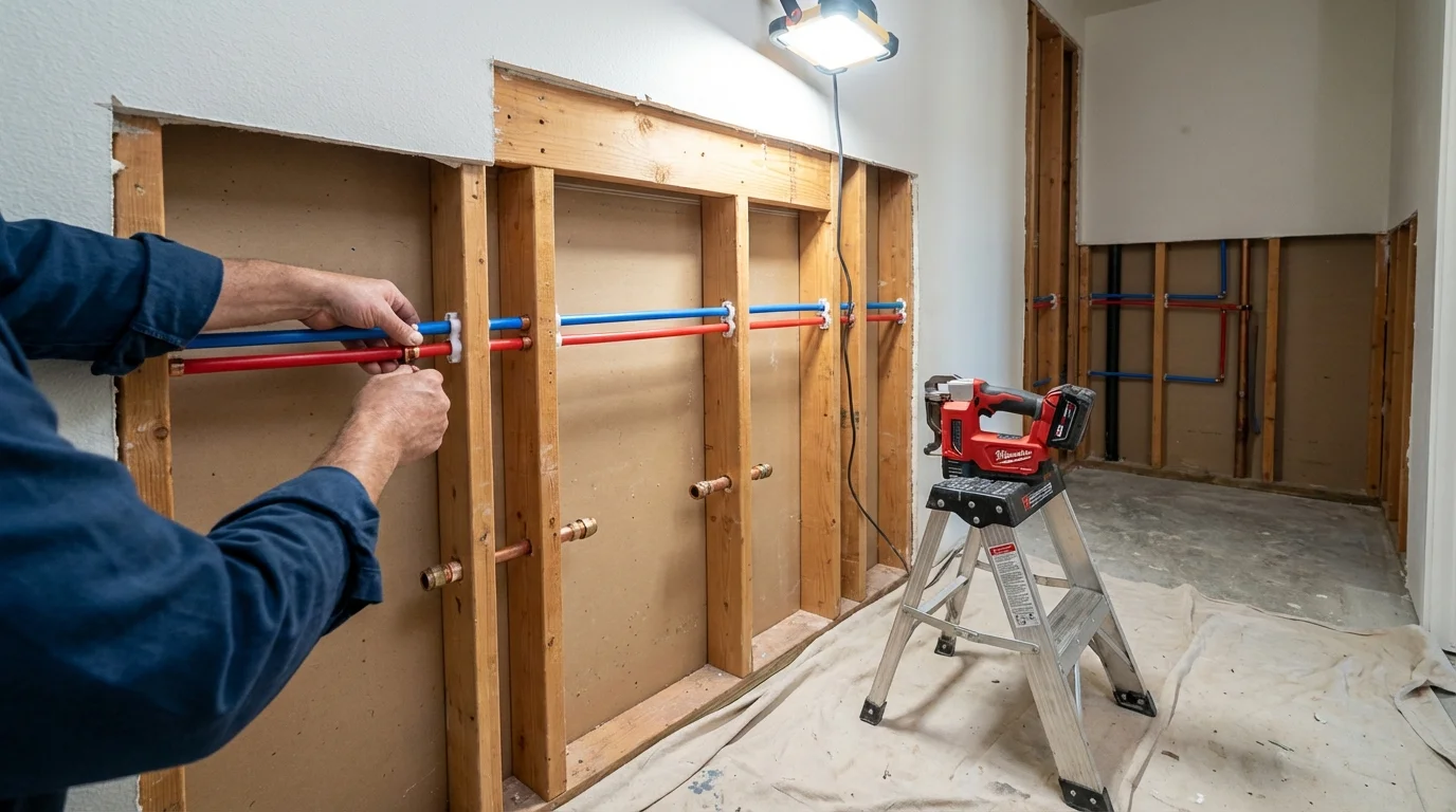 Old galvanized pipes being replaced with modern PEX piping during a whole-house repipe in Hewitt, TX